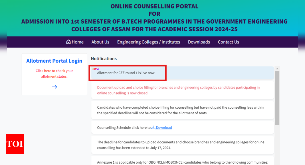 Assam CEE Counselling 2024: Round 1 seat allotment result declared, direct link here